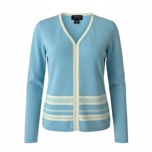 Vintage Country Shop  100% Cashmere Cardigan Blue Cream Trim Women’s M Hong Kong